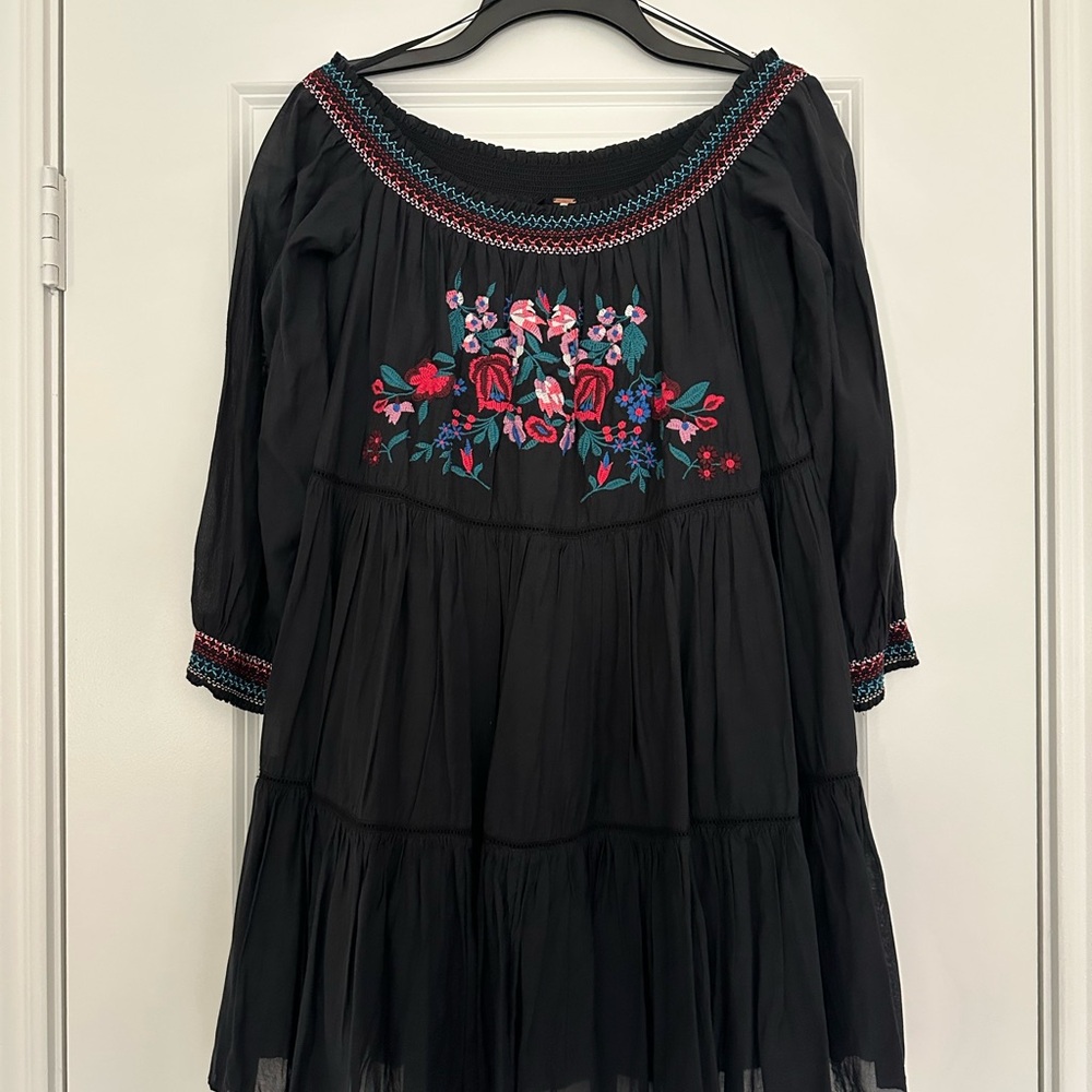Free People Navy Dress with Floral Embroidery